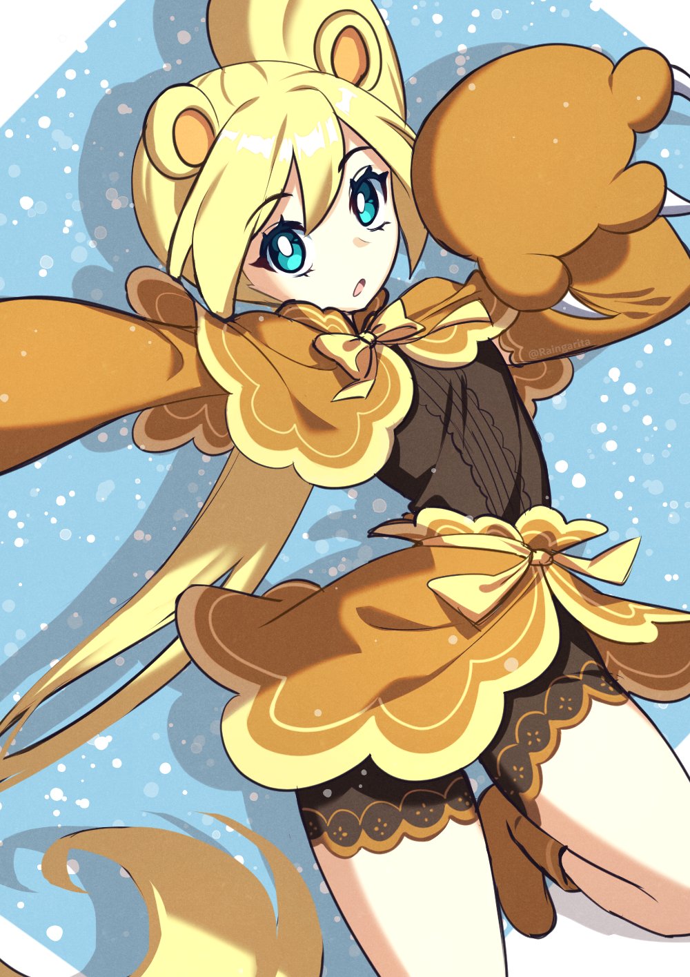1girl animal_ears bear_ears bear_girl bear_paws blonde_hair blue_eyes boots brown_shorts bubbles_(seleri&#039;s_lament) capelet high_side_ponytail highres long_hair orange_boots orange_capelet raingarita seleri&#039;s_lament shorts side_ponytail