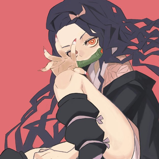 1girl bamboo bit_gag black_hair brown_hair checkered_haori checkered_sash forehead gag gagged gradient_hair hair_ribbon haori japanese_clothes kamado_nezuko kimetsu_no_yaiba kimono kishimen_hair long_hair long_sleeves looking_at_viewer multicolored_hair pink_background pink_eyes pink_kimono pink_ribbon ribbon sash simple_background solo very_long_hair yuuki_(irodo_rhythm)