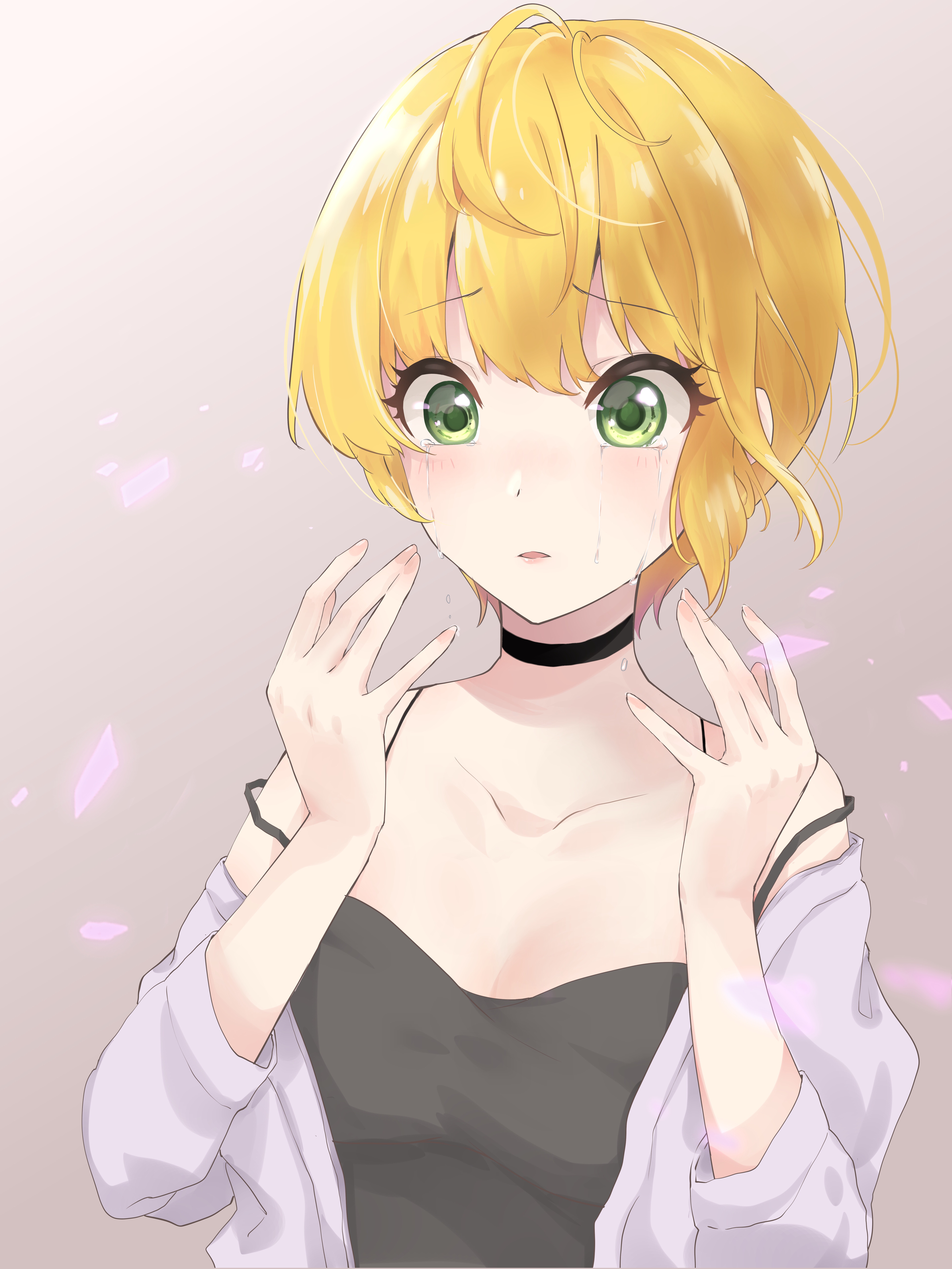 1girl :o absurdres black_neckwear black_tank_top blonde_hair blush breasts choker cleavage collarbone crazy_crazy_(idolmaster) crying crying_with_eyes_open female_focus green_eyes grey_background hands_up highres idolmaster idolmaster_cinderella_girls jacket lavender_jacket medium_breasts miyamoto_frederica nail_polish open_clothes open_jacket open_mouth petals purple_background risu_mikap short_hair simple_background solo strap_slip tank_top tearing_up tears upper_body
