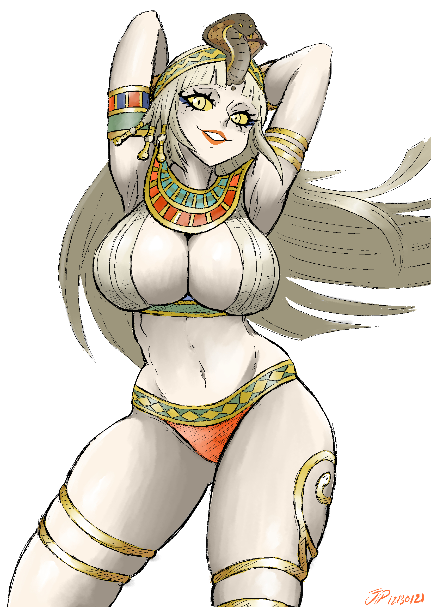 1girl ancient_egyptian ancient_egyptian_clothes blonde_hair breasts cleavage cleopatra_(shin_megami_tensei) colored_sclera cowboy_shot crop_top eyeliner highres jewelry large_breasts lipstick makeup panties shin_megami_tensei shin_megami_tensei_v smile solo thighlet underwear uraeus usekh_collar videajames yellow_eyes yellow_sclera