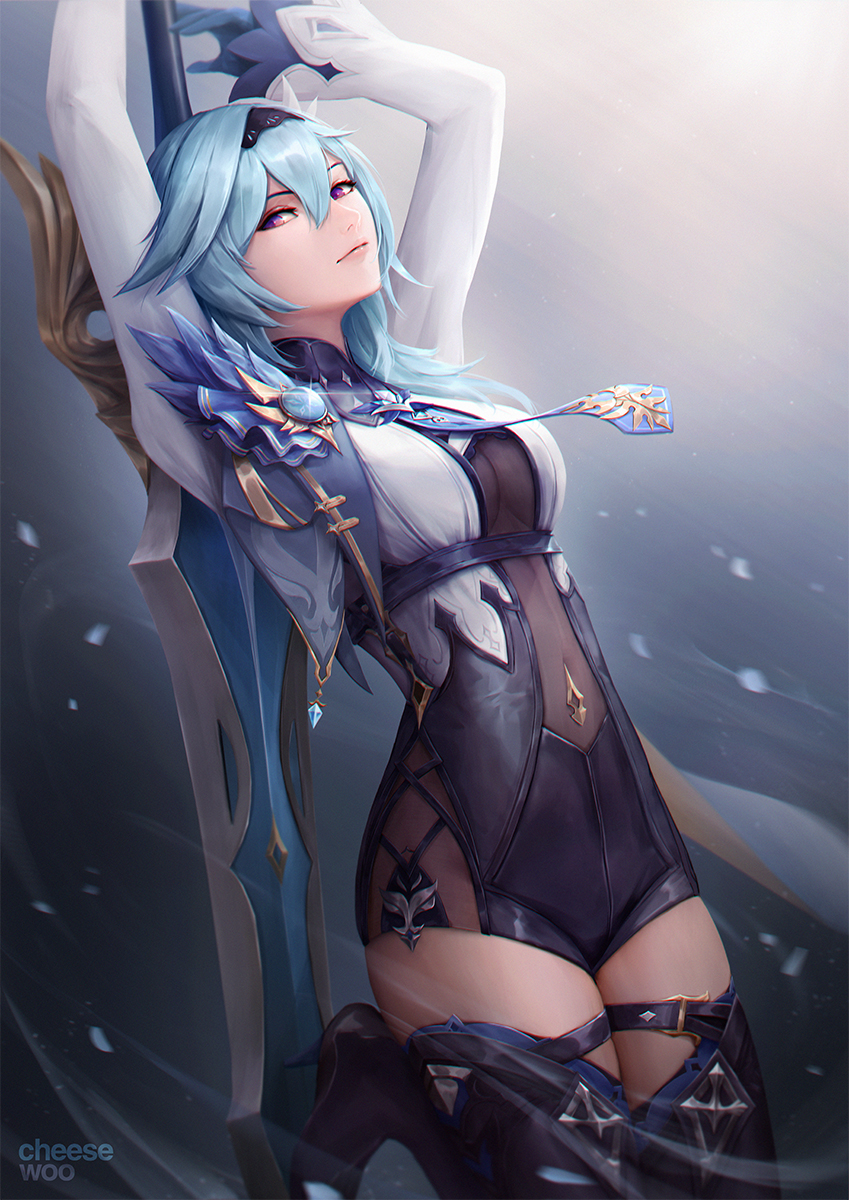 1girl arms_up black_boots black_shorts blue_gloves blue_hair boots breasts cheesewoo cleavage closed_mouth eula_(genshin_impact) genshin_impact gloves hair_between_eyes high_heel_boots high_heels highres holding holding_sword holding_weapon long_hair long_sleeves looking_at_viewer medium_breasts micro_shorts purple_eyes shorts shrug_(clothing) solo sword thigh_boots thighhighs weapon