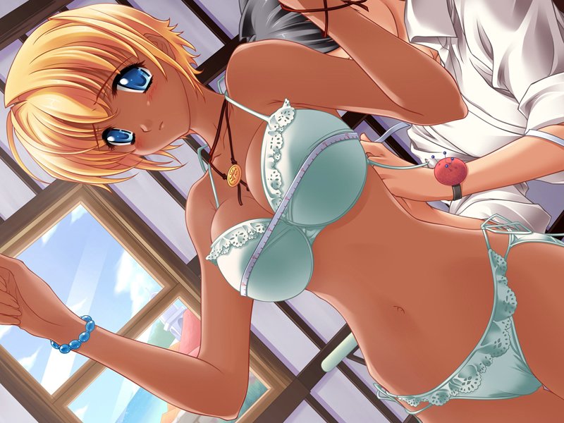 1boy 1girl bikini blanket blonde_hair blue_eyes blush bracelet breasts bust_measuring cleavage dark-skinned_female dark_skin dutch_angle game_cg ganguro gyaru jewelry large_breasts measuring midriff mizuki_(quilt) quilt quilt_(game) short_hair side-tie_bikini_bottom sugiyama_genshou swimsuit takumi_(quilt) tan tape_measure wide_hips