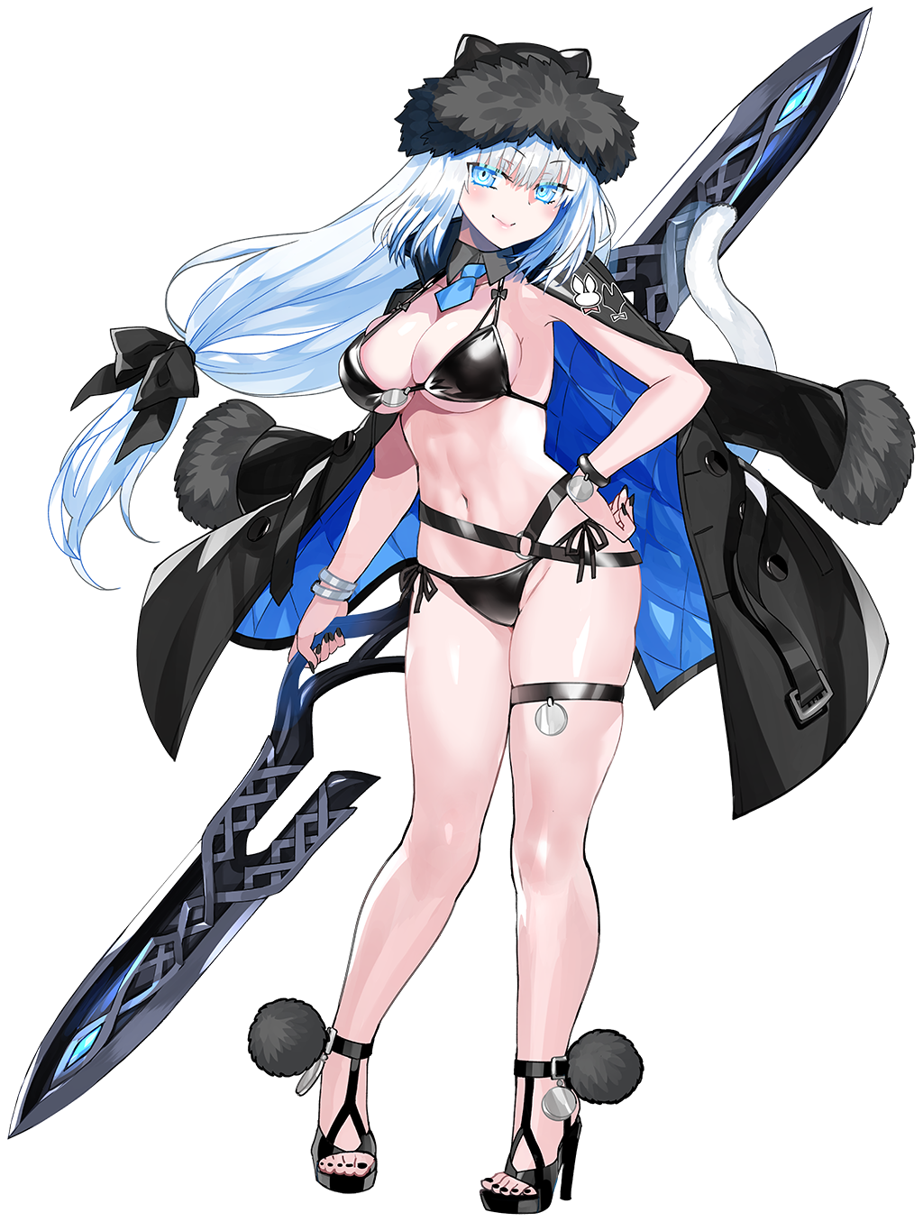 1girl animal_ears bikini black_bikini black_hat black_jacket black_ribbon blue_eyes blush bracelet breasts cat_ears cat_girl cat_tail cleavage detached_collar dobrynya_nikitich_(fate) dobrynya_nikitich_(swimsuit_lancer)_(fate) dobrynya_nikitich_(swimsuit_lancer)_(first_ascension)_(fate) fate/grand_order fate_(series) full_body fur-trimmed_headwear fur_trim game_cg hair_ribbon hat high_heels highres jacket jacket_on_shoulders jewelry large_breasts long_hair looking_at_viewer navel necktie official_art ribbon robina smile solo standing swimsuit tachi-e tail transparent_background weapon white_hair