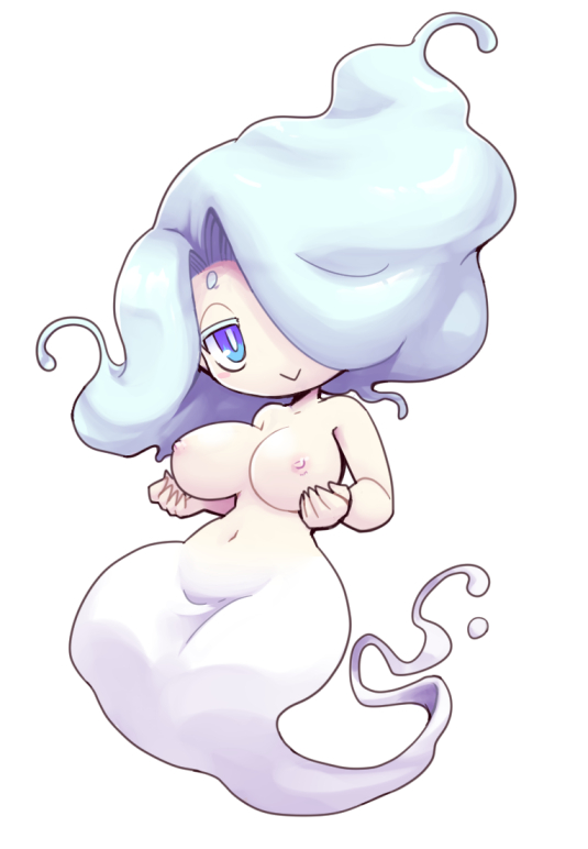 1girl :&gt; blue_eyes blue_hair blush breasts enraenra_(youkai_watch) hair_over_one_eye large_breasts long_hair looking_at_viewer monster_girl navel nipples nollety nude simple_background solo white_background youkai_(youkai_watch) youkai_watch