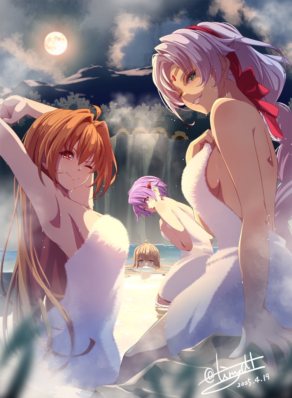 ahoge armpits blonde_hair blue_eyes bow breasts closed_mouth creepy_sheep_(eiyuu_densetsu) dark-skinned_female dark_skin dated eiyuu_densetsu estelle_bright full_moon glowing glowing_eyes hair_down highres kloe_rinz large_breasts long_hair looking_at_viewer moon naked_towel night night_sky one_eye_closed onsen purple_eyes purple_hair red_bow red_eyes ripples same-sex_bathing scherazard_harvey shared_bathing signature sitting sky smile sora_no_kiseki stretching tinybiard tita_russell towel water wet white_hair