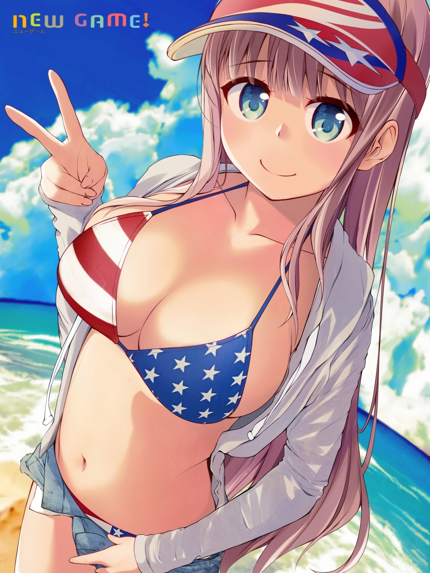 1girl american_flag american_flag_bikini american_flag_print beach bikini blue_eyes blue_shorts blue_sky breasts brown_hair chuutaro_metal cleavage cloud collared_shirt day denim denim_shorts dress_shirt flag_print horizon large_breasts long_hair new_game! ocean open_clothes open_fly open_shirt outdoors print_bikini shirt shorts sky solo standing swimsuit takimoto_hifumi v visor_cap white_shirt