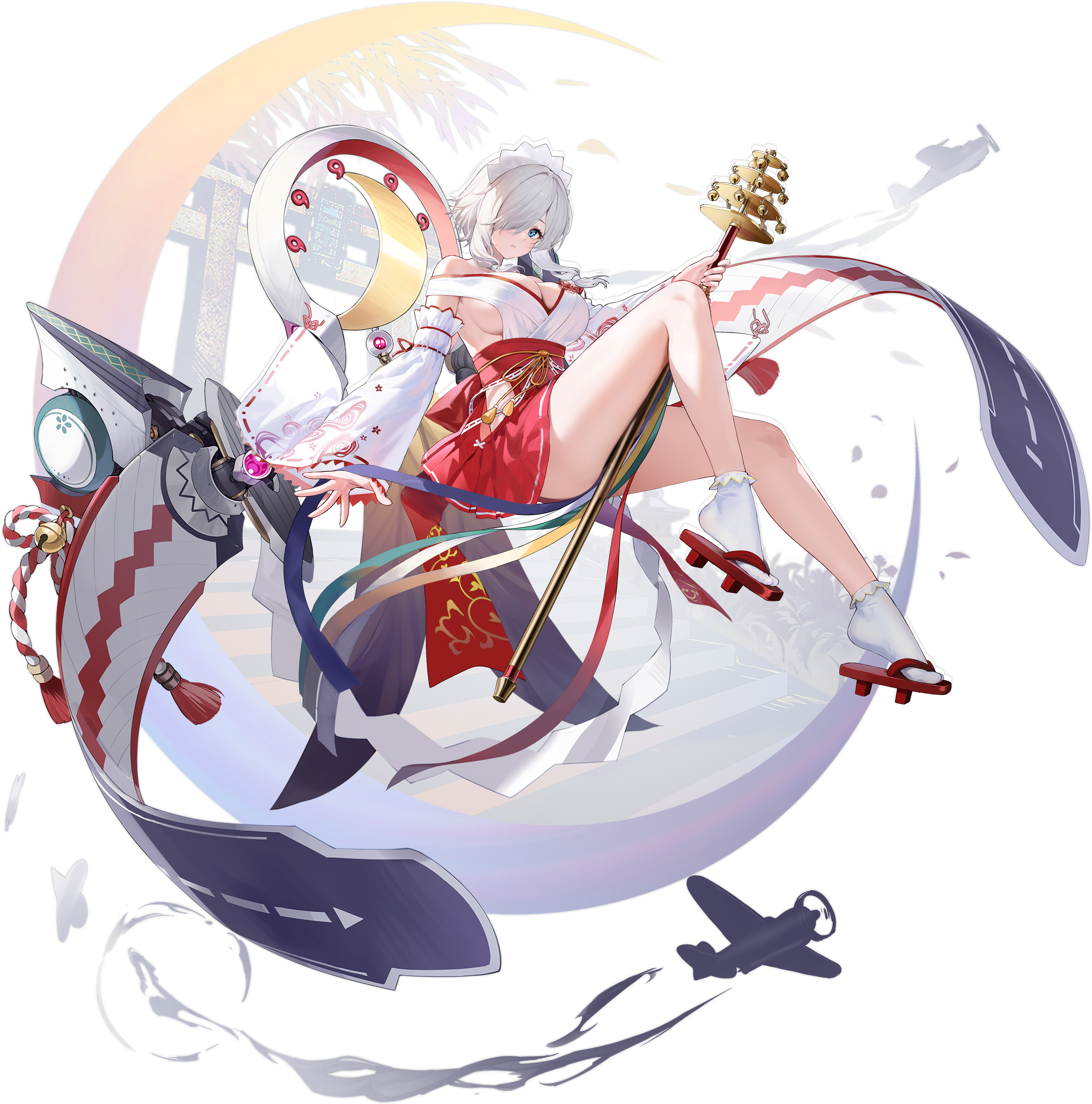 1girl absurdres aircraft artist_request azur_lane between_thighs blue_eyes breasts crescent dead_or_alive dead_or_alive_xtreme detached_sleeves full_body geta hakama highres japanese_clothes large_breasts legs luna_(doa) mery_(yangmalgage) non-web_source nontraditional_miko official_art on_crescent one_eye_closed red_footwear red_hakama ribbon sandals shirt short_hair sidelocks silhouette sleeves_past_wrists socks thighs white_hair white_headwear white_shirt white_socks