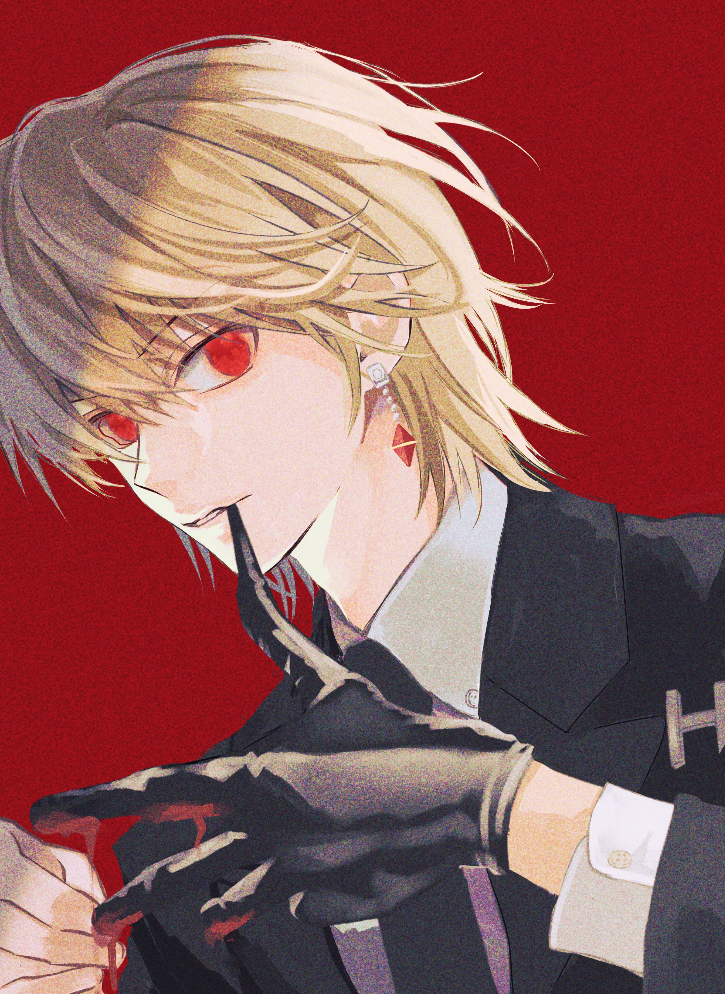 1boy absurdres biting black_gloves blonde_hair collared_shirt earrings formal_clothes from_side biting_glove gloves hair_between_eyes highres hunter_x_hunter jewelry kurapika looking_at_viewer male_focus minato_x3710 necktie red_background red_eyes shirt short_hair simple_background solo suit upper_body white_shirt