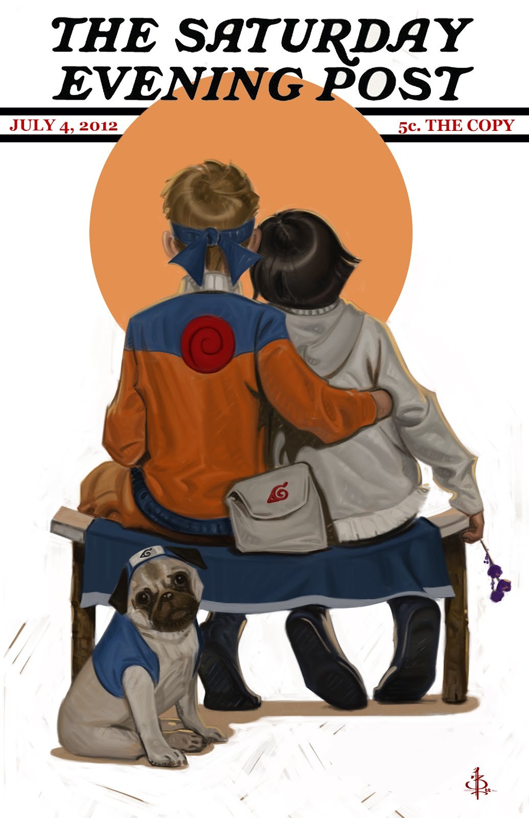 1boy 1girl arm_around_waist back bench black_hair blonde_hair byan_lee couple dated dog head_on_another&#039;s_shoulder headband highres hood hoodie hyuuga_hinata naruto_(classic) naruto_(series) pakkun_(naruto) realistic simple_background sitting uzumaki_naruto