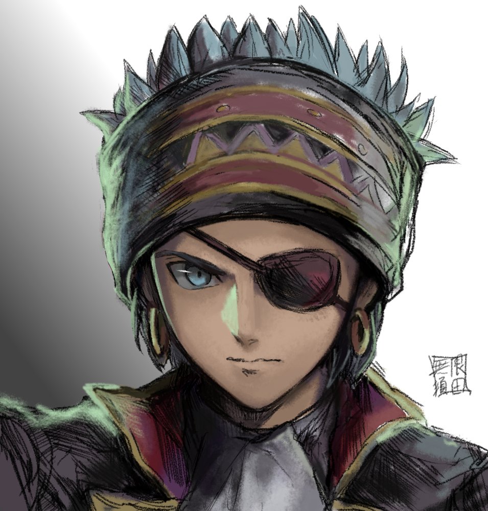 1boy black_jacket blue_eyes blue_hair camus_(dq11) commentary_request dragon_quest dragon_quest_xi earrings eyepatch hairband jacket jewelry male_focus mugen_no_sudadokei portrait signature solo spiked_hair
