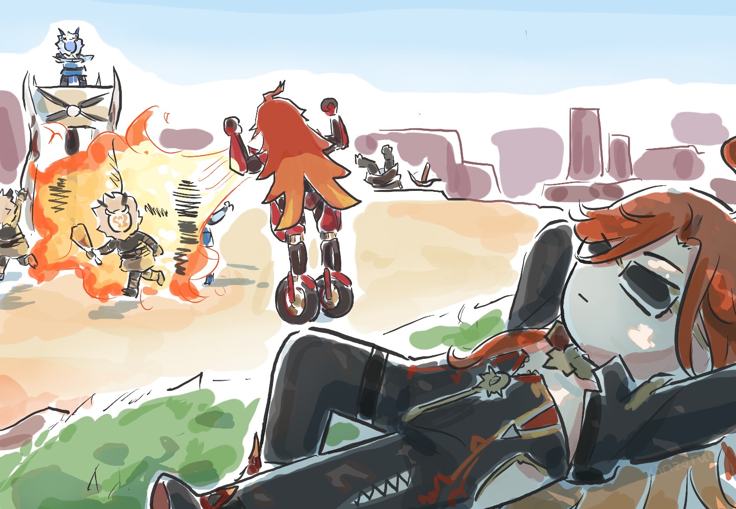 1girl arms_behind_head black_bodysuit black_jacket blonde_hair bodysuit chibi commentary day fire flamestrider_(genshin_impact) genshin_impact hilichurl_(genshin_impact) jacket long_hair lying mavuika_(genshin_impact) multiple_boys on_back open_clothes open_jacket orange_hair outdoors solo_focus sunglasses symbol-only_commentary xinzoruo
