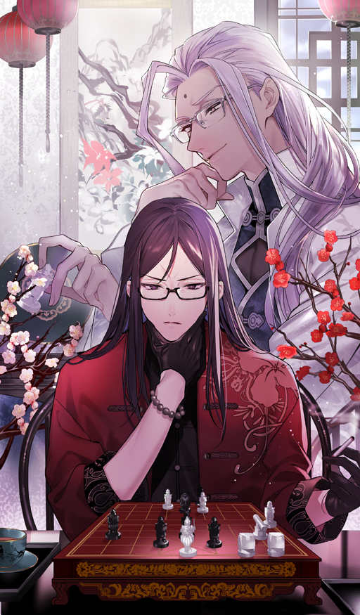 2boys bead_bracelet beads bishounen black-framed_eyewear black_eyes black_gloves black_hair black_shirt blue_shirt board_game bracelet changpao chen_gong_(fate) chen_gong_(turning_of_tides)_(fate) chess chinese_clothes cigarette closed_mouth clothing_request commentary cowlick cup dark-skinned_male dark_skin drink expressionless facial_mark fate/grand_order fate_(series) flower flower_request forehead_mark furrowed_brow futaba_hazuki gloves half_gloves hand_on_own_chin high_collar holding holding_cigarette jacket jewelry lantern light_particles light_smile long_hair lord_el-melloi_ii lord_el-melloi_ii_(turning_of_tides) male_focus multiple_boys official_art paper_lantern parted_bangs pink_flower playing_games plum_blossoms purple_eyes purple_hair rectangular_eyewear red_flower red_jacket saucer shirt sidelocks sitting smoke smoke_trail table tangzhuang thinking third-party_source three-quarter_sleeves v-shaped_eyebrows waver_velvet white-framed_eyewear white_jacket window xiangqi