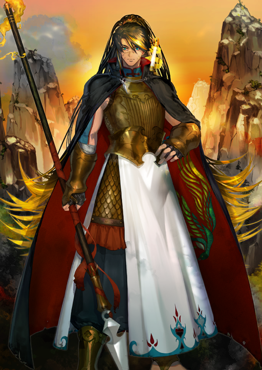 1boy araya_(hachino_araya) arm_at_side armor black_cape black_gloves black_pants blonde_hair blue_eyes bracer breastplate brown_hair cape chinese_clothes closed_mouth clothing_request dark-skinned_male dark_skin facial_scar fate/grand_order fate_(series) feet_out_of_frame fingerless_gloves frown game_cg gloves gold_armor gradient_hair hair_between_eyes hand_on_own_hip high_collar high_ponytail holding holding_polearm holding_weapon huang_feihu_(fate) legs_apart long_hair long_sleeves looking_at_viewer male_focus multicolored_hair multiple_scars official_art pankou pants polearm ponytail red_cape scar scar_on_cheek scar_on_face scar_on_nose side_slit solo spear standing third-party_source two-sided_cape two-sided_fabric variant_set very_long_hair weapon weapon_on_back wide_ponytail