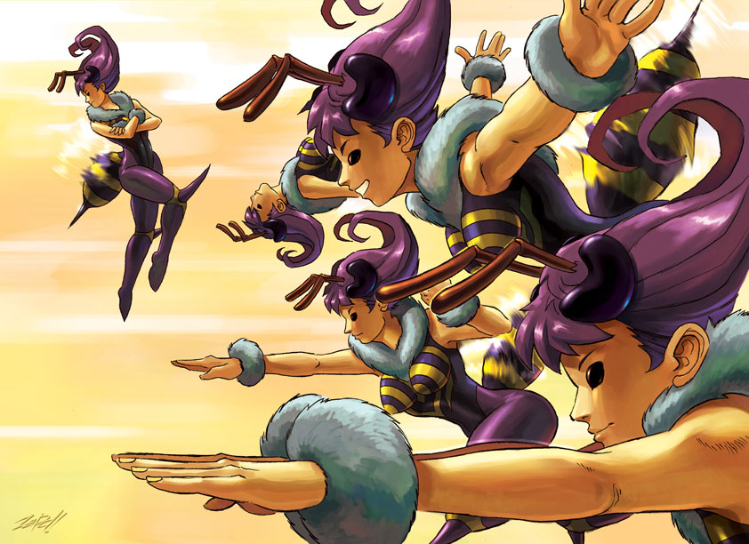 5girls antennae arthropod_girl bee_girl capcom insect_girl monster_girl multiple_girls pantyhose purple_eyes purple_hair q-bee solid_eyes stinger darkstalkers wings z3dd