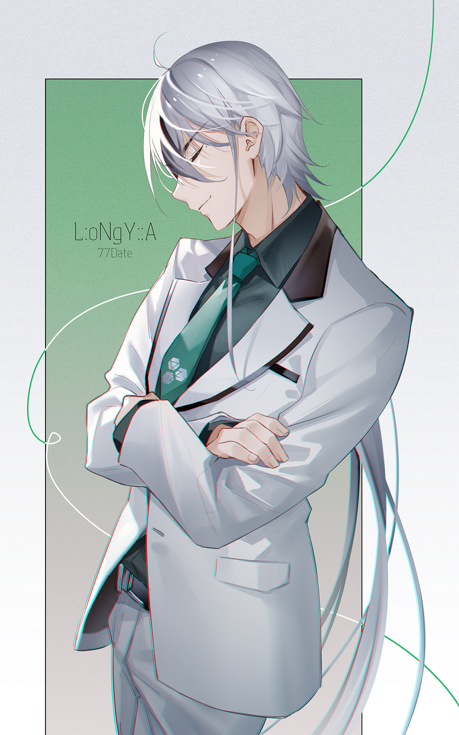 1boy belt black_belt black_shirt character_name chinese_commentary chromatic_aberration closed_eyes closed_mouth collared_shirt commentary cowboy_shot crossed_arms from_side green_necktie grey_background hair_between_eyes highres jacket long_hair long_sleeves male_focus necktie official_art pants profile shirt shirt_tucked_in smile solo suit_jacket tidsean vocaloid vsinger_(vocaloid) white_hair white_jacket white_pants yuezheng_longya