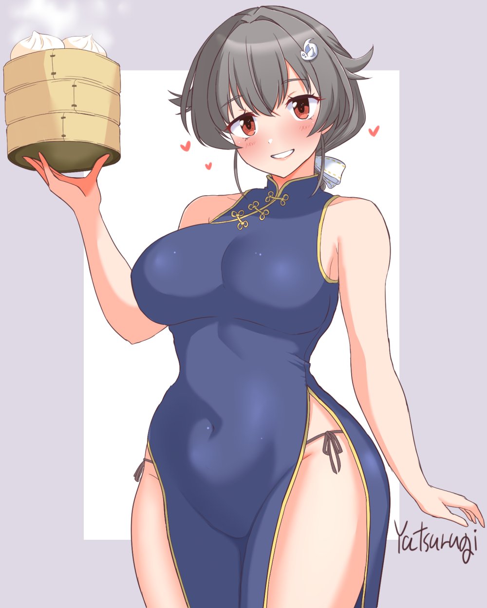 1girl alternate_costume artist_name black_hair blue_dress breasts china_dress chinese_clothes dress food grey_background hair_flaps hair_ornament hairclip highres holding_bamboo_steamer jingei_(kancolle) kantai_collection large_breasts long_hair looking_at_viewer low_ponytail ponytail red_eyes solo steamed_bun yatsurugi