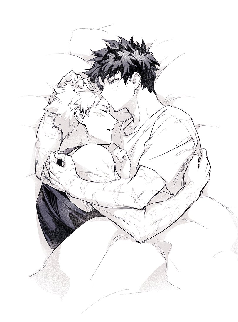2boys bakugou_katsuki bed boku_no_hero_academia closed_eyes commentary_request crew_neck cuddling facial_scar fingernails freckles greyscale hand_on_another&#039;s_back hand_on_another&#039;s_head kiss kissing_forehead looking_at_another lycik_98 lying male_focus midoriya_izuku monochrome multiple_boys multiple_scars on_side parted_lips pillow scar scar_on_arm scar_on_cheek scar_on_face shirt short_hair short_sleeves t-shirt tank_top under_covers yaoi