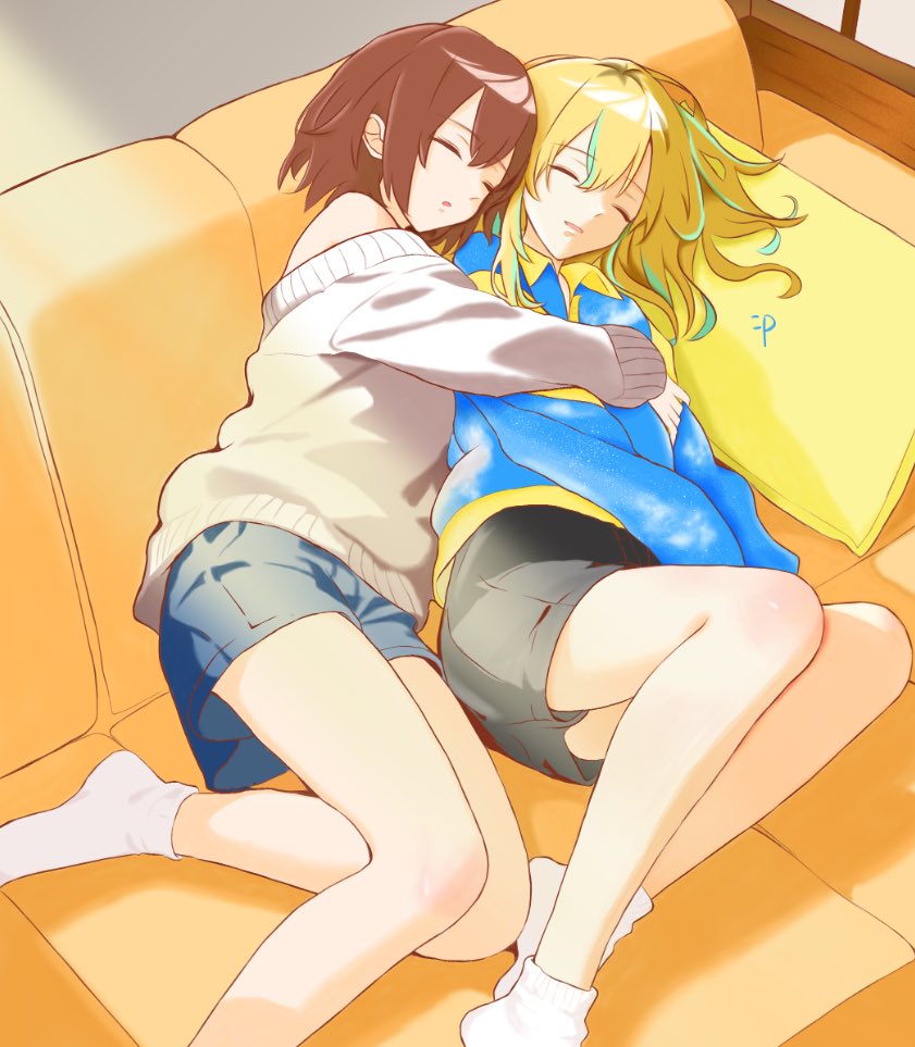 2girls black_shorts blonde_hair blue_jacket blue_shorts brown_hair closed_eyes commentary couch couple green_hair grey_sweater hair_between_eyes hug jacket kouzuki_mahiru long_hair long_sleeves momokan_1209 multicolored_hair multiple_girls open_mouth pillow roots_(hair) short_hair shorts sidelocks sleeping socks streaked_hair sweater symbol-only_commentary white_socks yamanouchi_kano yoru_no_kurage_wa_oyogenai yuri