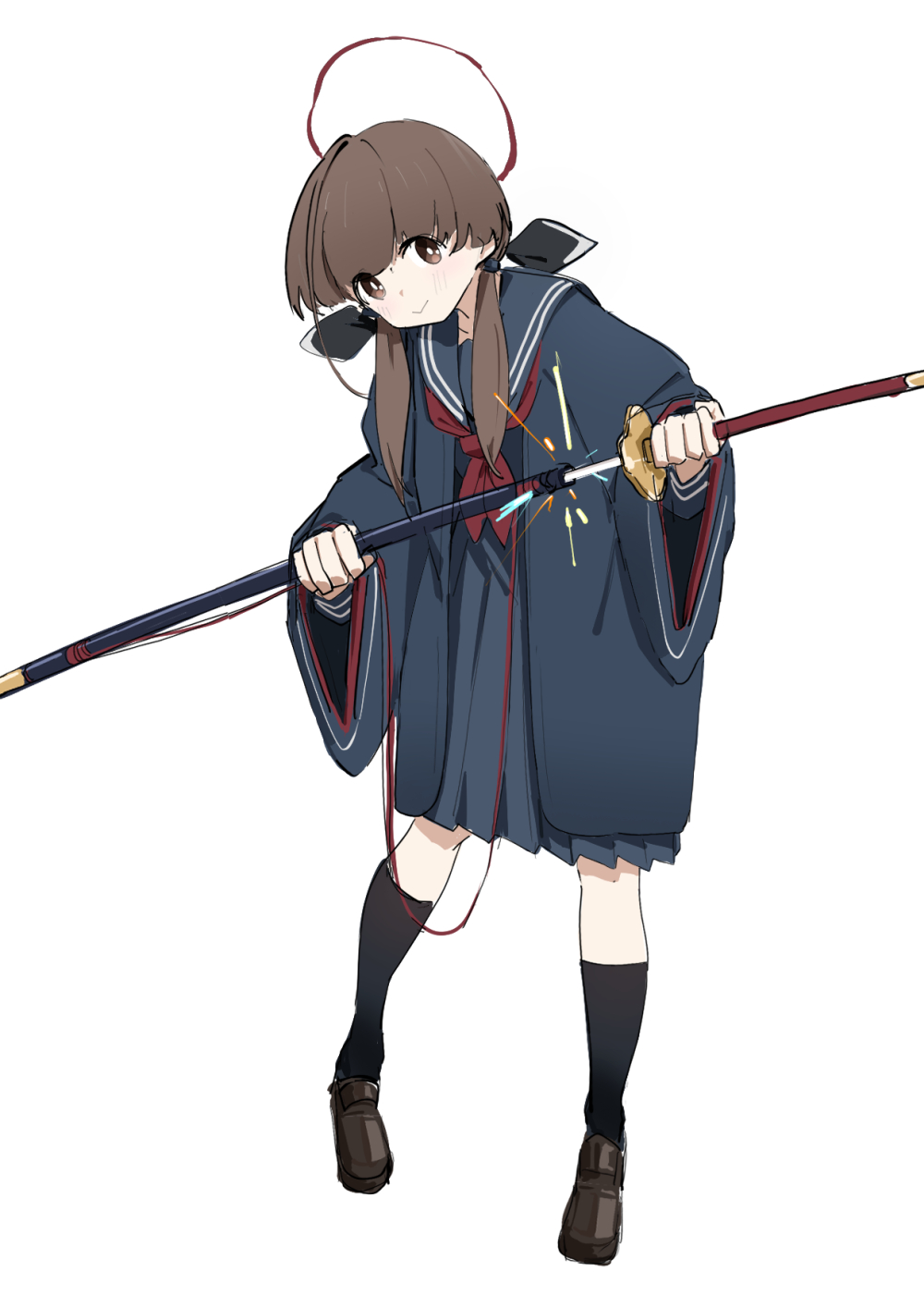 1girl adon_(dufaladanidu) black_socks brown_hair full_body halo katana looking_at_viewer ohitome_kohane project_kv school_uniform serafuku simple_background socks solo sword twitter weapon white_background