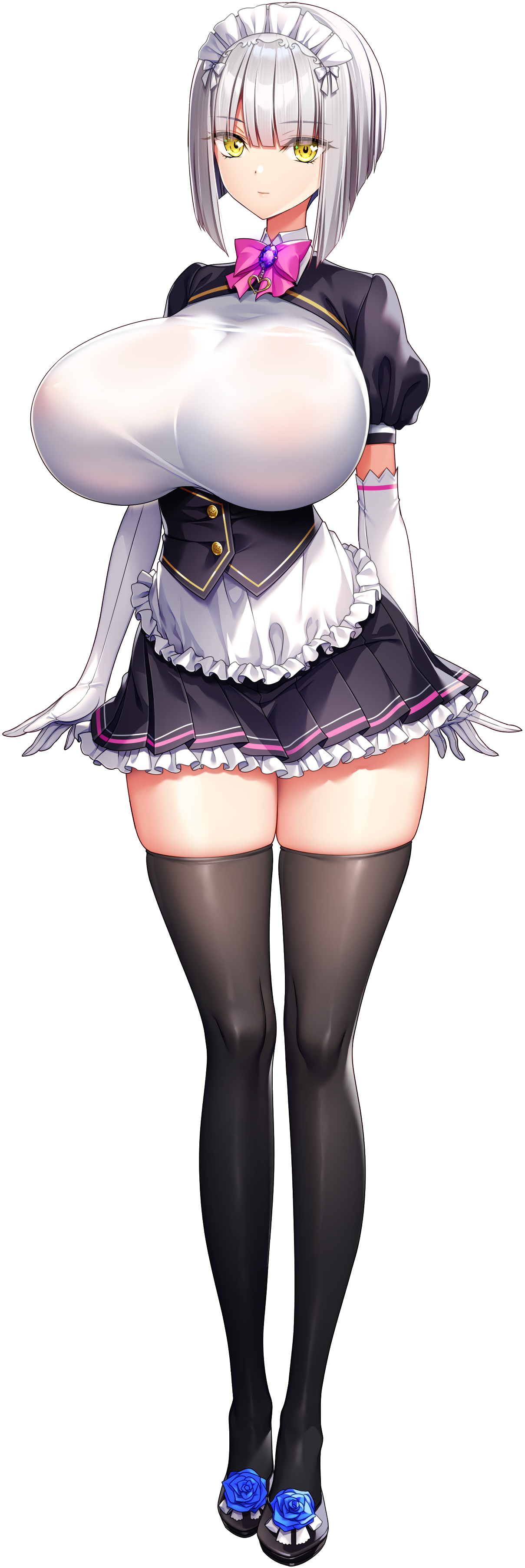 1girl absurdres akagi_rio apron arms_at_sides black_shoes black_thighhighs blunt_bangs bob_cut bow bowtie breasts collar_jewel dress elbow_gloves femme_de_menage_maid_academy_uniform flower footwear_flower frilled_apron frills full_body game_cg gem gloves grey_hair high_heels highres huge_breasts light_smile looking_at_viewer maid maid_apron maid_headdress medium_hair meena_1919 milk_factory motto!_haramase!_honoo_no_oppai_isekai_oppai_maid_gakuen! non-web_source official_art pink_bow pink_bowtie puffy_short_sleeves puffy_sleeves purple_brooch purple_gemstone shoes short_sleeves skindentation smile solo sprite standing tachi-e thighhighs transparent_background waist_apron white_apron white_gloves yellow_eyes
