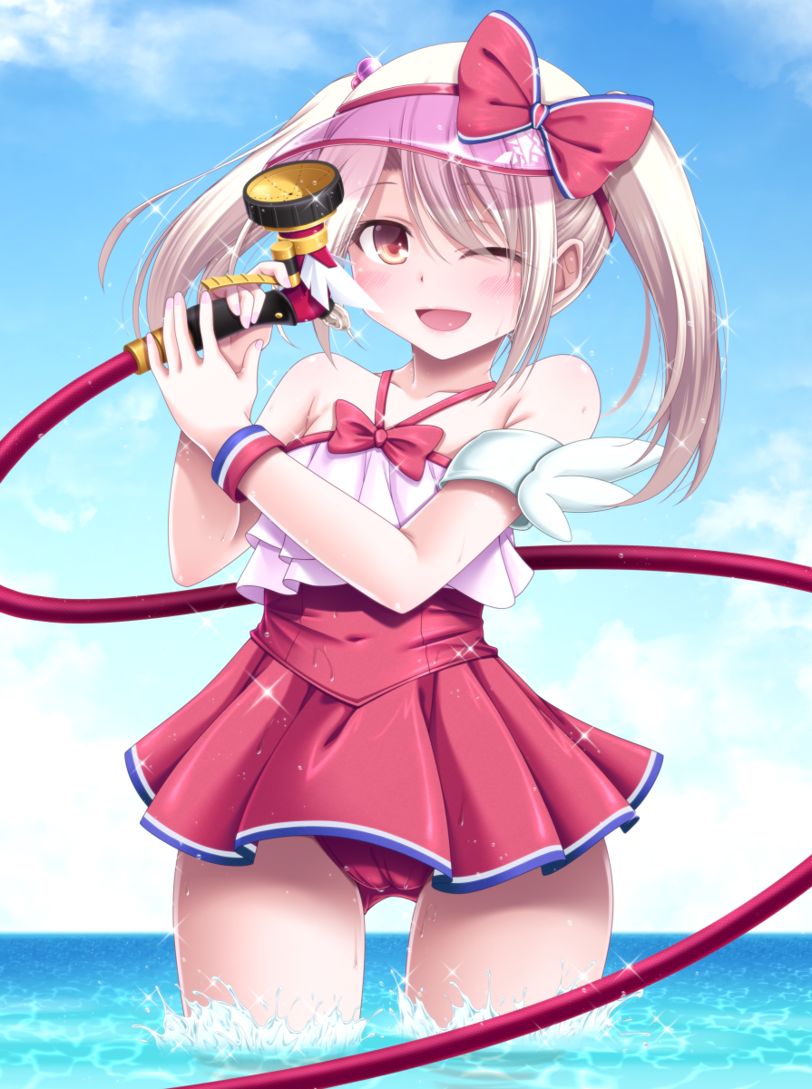 1girl bare_shoulders blonde_hair blue_sky blush bow cameltoe cloud covered_navel cowboy_shot dress_swimsuit fate/grand_order fate_(series) formal_clothes halterneck highres hose hose_nozzle illyasviel_von_einzbern illyasviel_von_einzbern_(swimsuit_archer) illyasviel_von_einzbern_(swimsuit_archer)_(second_ascension) long_hair looking_at_viewer magical_ruby magical_ruby_(hose) one-piece_swimsuit one_eye_closed open_mouth red_bow red_eyes red_one-piece_swimsuit skirt skirt_suit sky smile solo suit swimsuit takanashi_tsukasa twintails visor_cap wading wristband