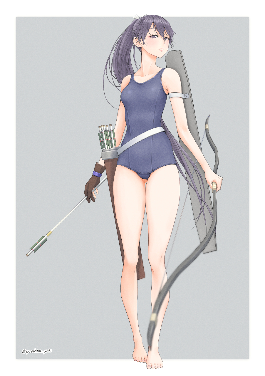 1girl alternate_costume arrow_(projectile) black_hair blue_one-piece_swimsuit bow_(weapon) breasts flight_deck full_body gloves grey_eyes hair_ribbon highres holding holding_arrow holding_bow_(weapon) holding_weapon houshou_(kancolle) houshou_kai_ni_(kancolle) kantai_collection long_hair medium_breasts one-piece_swimsuit partially_fingerless_gloves partly_fingerless_gloves ponytail quiver ribbon rigging school_swimsuit single_glove solo standing swimsuit very_long_hair weapon white_ribbon yugake yuichi_(sp_sakura_yoshi) yumi_(bow)