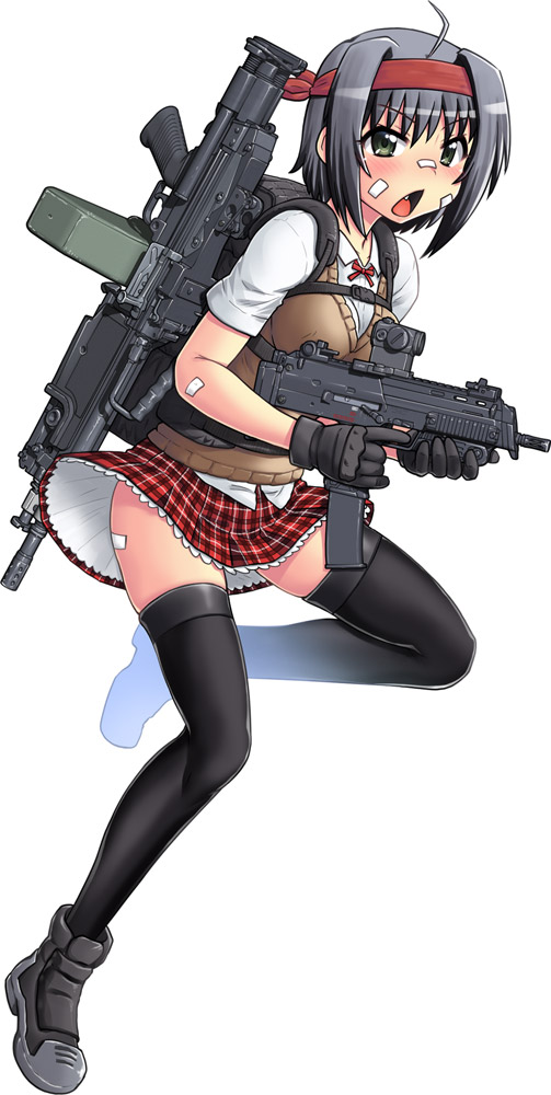 1girl ahoge backpack bag bandaid bandaid_on_ass bandaid_on_cheek bandaid_on_face bandaid_on_nose black_hair black_thighhighs boots breasts brown_sweater commentary_request fang full_body green_eyes gun hase_yu headband holding holding_gun holding_weapon leaning_forward machine_gun medium_breasts medium_hair miniskirt original plaid_clothes plaid_skirt red_headband shirt skirt solo submachine_gun sweater thighhighs untucked_shirt weapon zettai_ryouiki