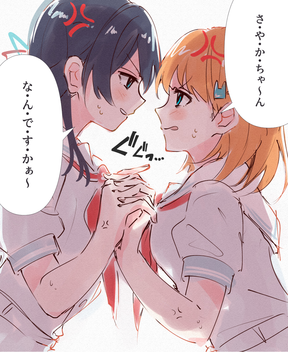2girls anger_vein angry black_hair blue_eyes commentary dress grin hair_ornament half_updo hasu_no_sora_school_uniform highres hinoshita_kaho interlocked_fingers link!_like!_love_live! long_hair love_live! medium_hair multiple_girls murano_sayaka neckerchief orange_hair parted_lips puffy_short_sleeves puffy_sleeves rabbit_hair_ornament red_neckerchief sailor_collar sailor_dress school_uniform short_sleeves simple_background skt_(ryxxxxx) smile speech_bubble summer_uniform sweat translation_request two_side_up upper_body v-shaped_eyebrows virtual_youtuber white_background white_dress white_sailor_collar