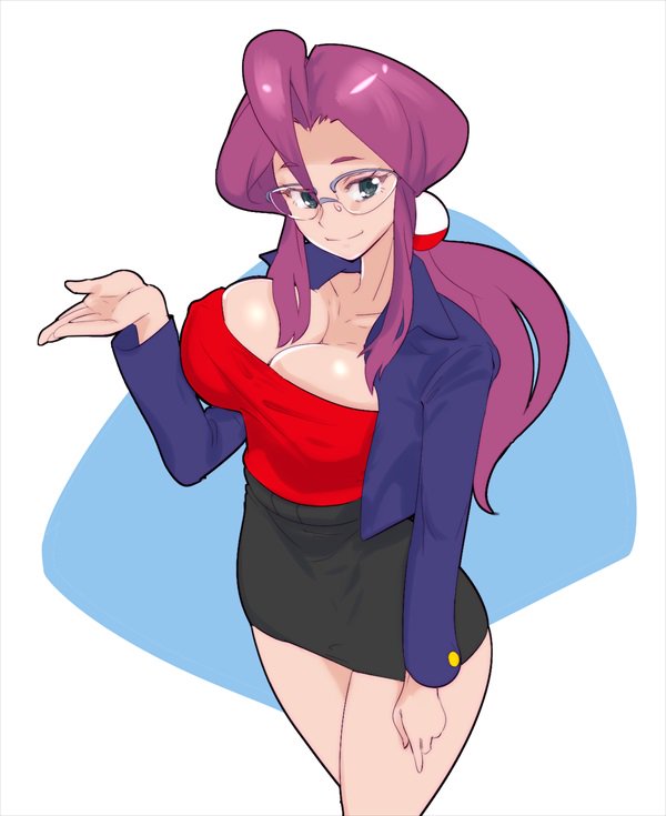 1girl aqua_eyes bare_legs black_skirt blue_coat breast_hold breasts c: cleavage closed_mouth coat covered_erect_nipples cropped_jacket elite_four female_focus glasses hair_ornament large_breasts legs long_hair long_sleeves looking_at_viewer lorelei_(pokemon) miniskirt neck nintendo one-hour_drawing_challenge pencil_skirt poke_ball poke_ball_(basic) poke_ball_hair_ornament pokemon pokemon_(anime) pokemon_rgby ponytail purple_hair red_tube_top semi-rimless_eyewear sidelocks skirt smile solo standing strapless tube_top zaitsu