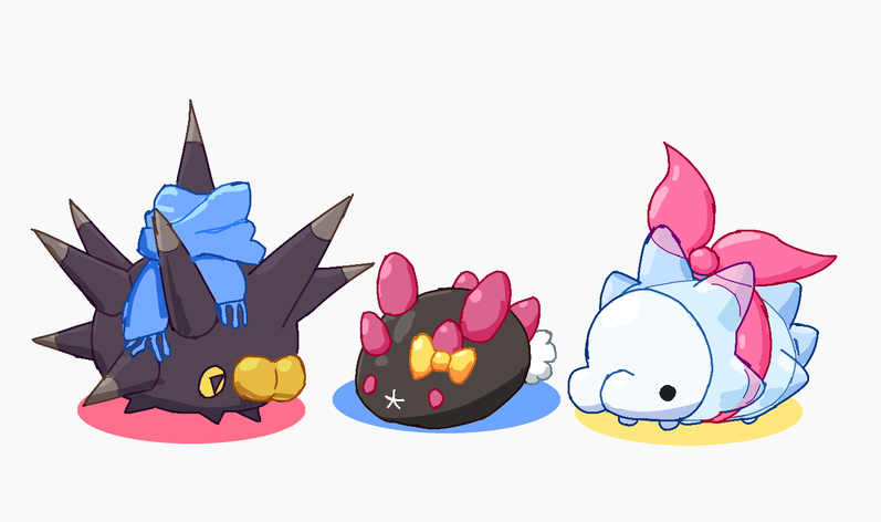 black_eyes blue_scarf bow commentary english_commentary gen_7_pokemon gen_8_pokemon nintendo no_humans pincurchin pink_eyes pink_ribbon pokemon pokemon_(creature) pyukumuku ribbon scarf snom solid_circle_eyes white_background yellow_bow yellow_eyes yororai_(rai)