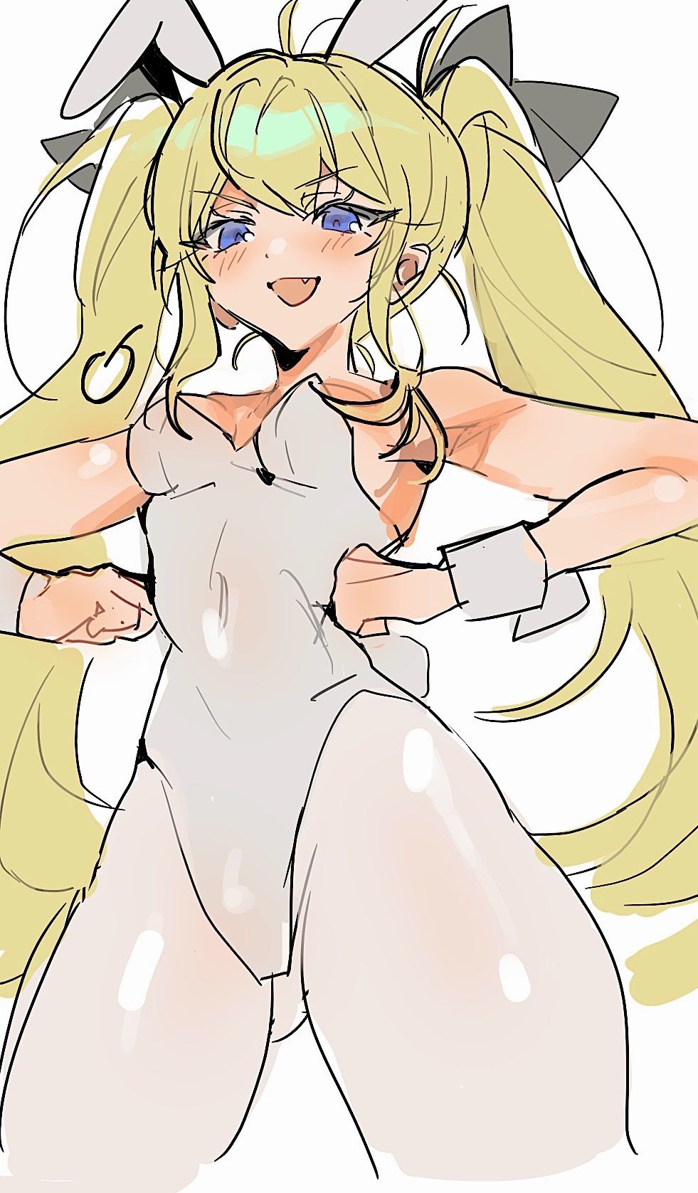 1girl :d animal_ears blonde_hair blue_eyes blush breasts fake_animal_ears fang from_below gluteal_fold goddess_of_victory:_nikke hands_on_own_hips highres laplace_(nikke) leotard long_hair medium_breasts mimlmi open_mouth pantyhose playboy_bunny rabbit_ears smile twintails white_leotard white_pantyhose