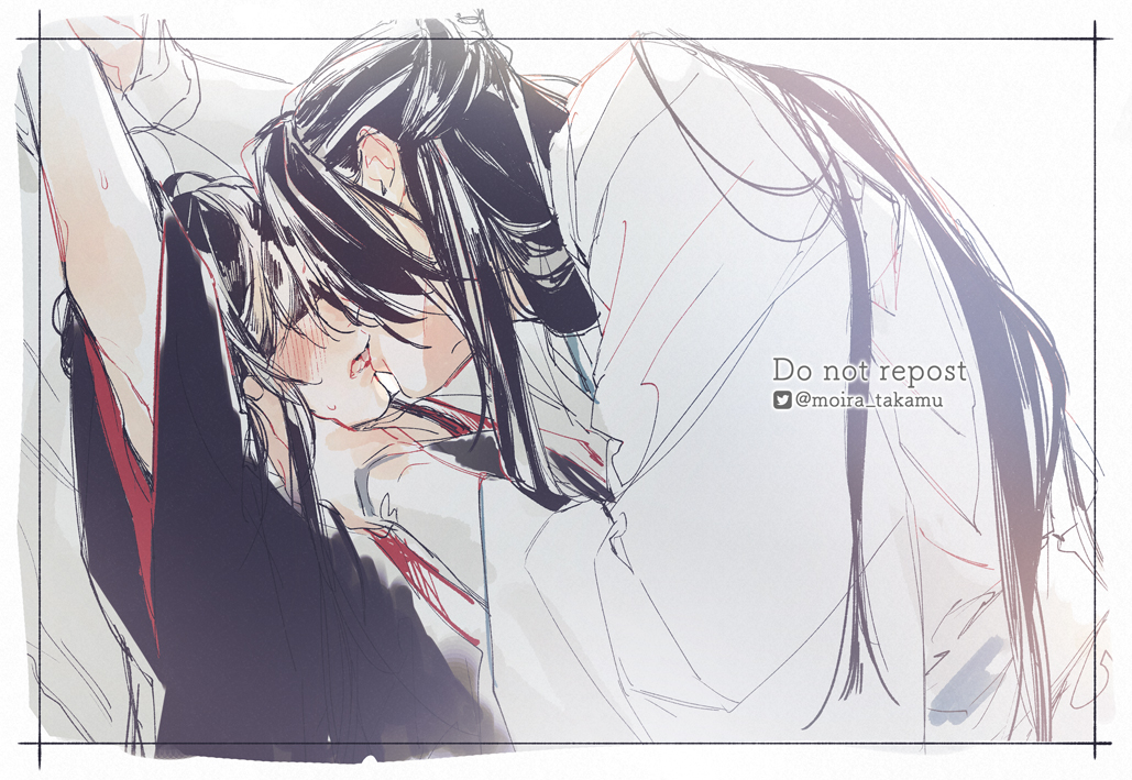 2boys against_tree arms_up bishounen black_hair black_hanfu blindfold blush border bound bound_wrists chinese_clothes closed_eyes french_kiss hair_down hair_ribbon half_updo hand_on_another&#039;s_face hand_on_another&#039;s_neck hanfu headband holding_another&#039;s_wrist hug imminent_kiss inset_border kiss lan_wangji long_hair long_sleeves male_focus modao_zushi moirae multiple_boys official_alternate_hairstyle open_mouth red_ribbon ribbon robe sitting sketch sweat tongue tongue_out tree twitter_username watermark wei_wuxian wei_wuxian_(yiling_laozu) white_hanfu white_headband wide_sleeves yaoi