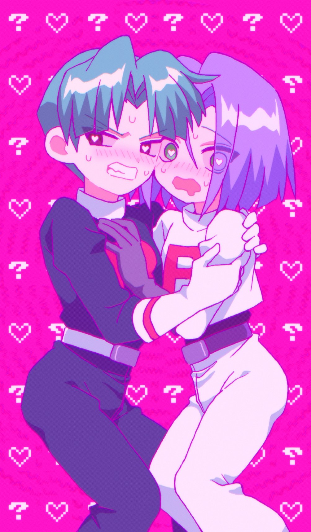 2boys blue_hair blush brown_eyes butch_(pokemon) green_eyes green_hair heart heart-shaped_pupils highres hug james_(pokemon) looking_at_viewer macchiromomomo male_focus multiple_boys nintendo pink_background pokemon pokemon_(anime) pokemon_(classic_anime) symbol-shaped_pupils team_rocket team_rocket_uniform yaoi