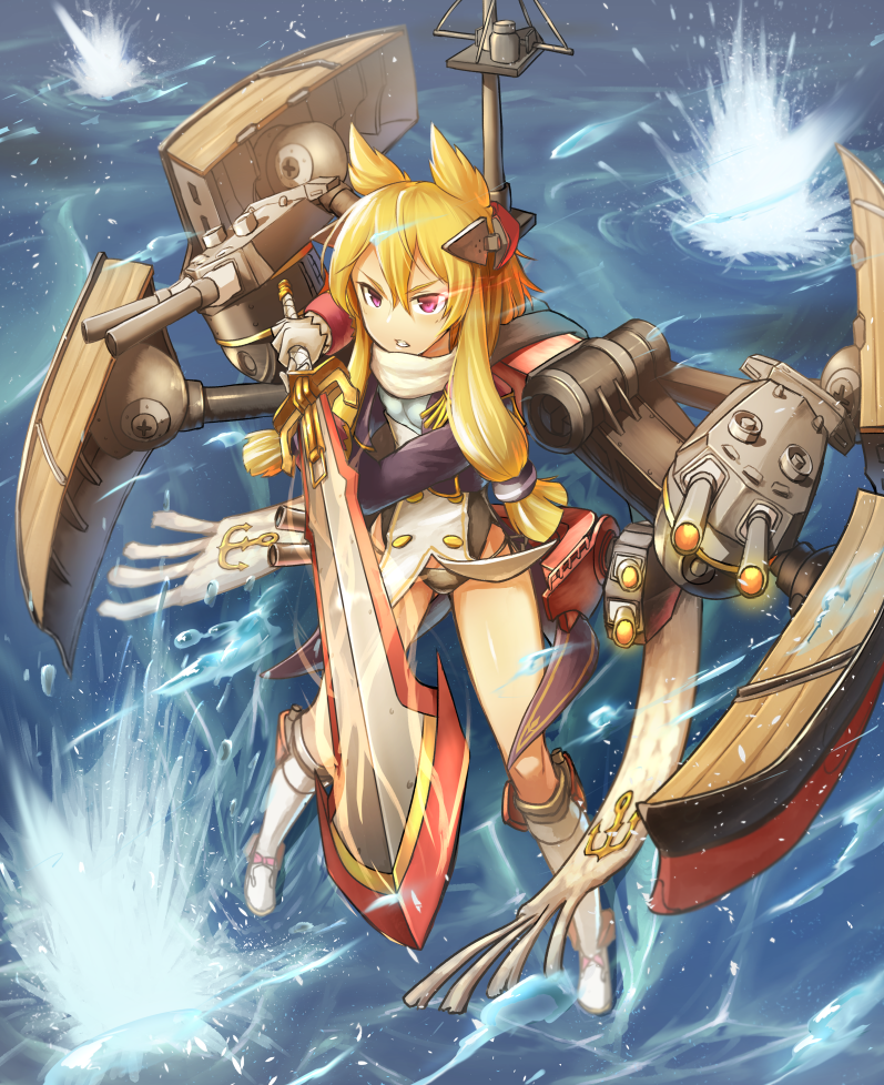 1girl anchor azur_lane black_panties black_ribbon blonde_hair bow breasts buttons clenched_teeth epaulettes facing_away female_focus glowing glowing_eye gluteal_fold hair_between_eyes hair_flaps headgear holding holding_sword holding_weapon iroia kneehighs long_hair long_sleeves looking_away lowleg lowleg_panties machinery mast panties pink_bow purple_eyes ribbon scarf ship_turret shoes side-tie_panties small_breasts socks solo standing standing_on_liquid sword teeth underwear v-shaped_eyebrows warspite_(azur_lane) water weapon white_scarf white_shoes white_socks