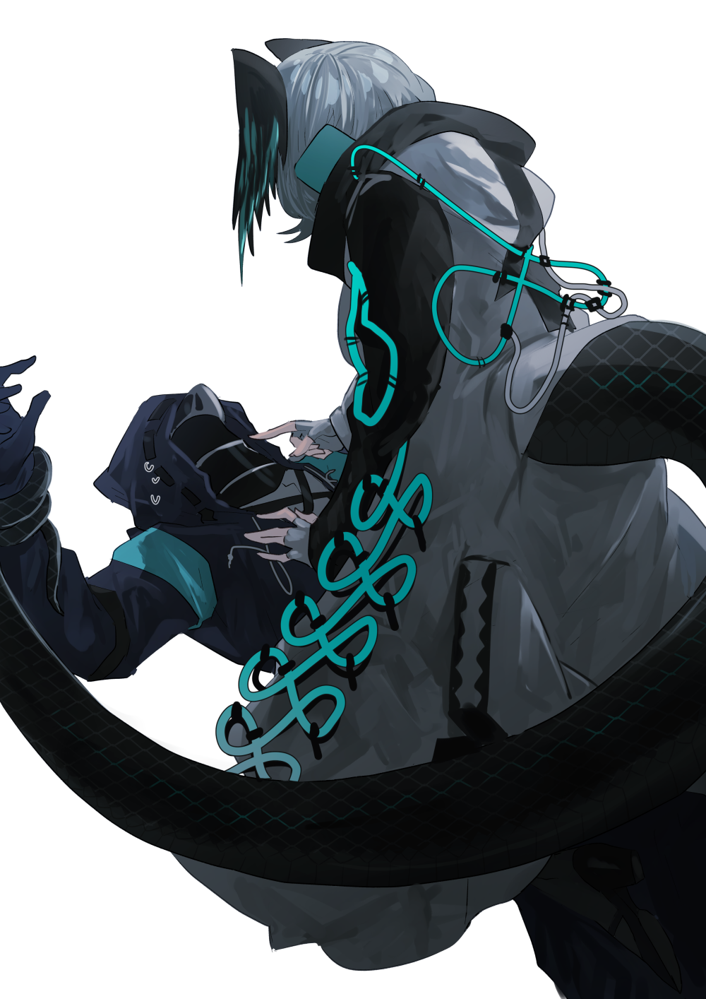 1girl 1other arknights black_coat coat doctor_(arknights) fingerless_gloves gloves grey_hair head_wings highres ho&#039;olheyak_(arknights) hood hooded_jacket iwashi_80 jacket long_sleeves long_tail medium_hair multicolored_coat open_clothes open_jacket shirt simple_background sitting sitting_on_person snake_tail tail two-tone_coat white_background white_coat white_gloves white_shirt wings