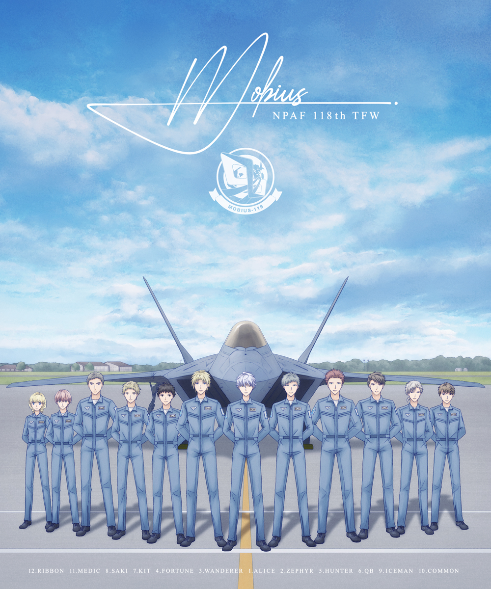 1girl 6+boys a-chako ace_combat ace_combat_04 aircraft airfield airplane black_footwear blue_sky character_name cloud cloudy_sky english_text f-22_raptor fighter_jet forest highres military_vehicle mobius_1 multiple_boys nature pilot_suit sky standing_at_attention