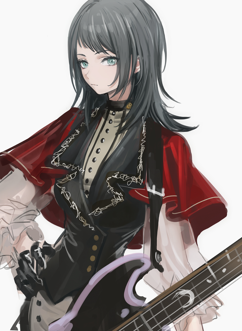 1girl bang_dream! bang_dream!_it&#039;s_mygo!!!!! black_gloves black_hair black_vest blue_eyes capelet closed_mouth commentary cowboy_shot bass_guitar gloves hand_on_own_hip hashtag-only_commentary highres infukun long_sleeves looking_at_viewer medium_hair red_capelet shirt simple_background solo timoris_(bang_dream!) vest white_background white_shirt yahata_umiri