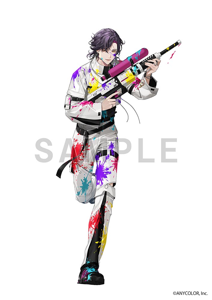 1boy belt black_belt black_shoes bracelet colored_inner_hair commentary_request company_name earrings gun hair_between_eyes hand_up holding holding_gun holding_weapon jacket jewelry leg_up long_sleeves looking_at_viewer male_focus medium_hair multicolored_hair nijisanji nijisanji_en official_art open_mouth paint paint_gun paint_on_clothes paint_splatter paint_splatter_on_face pants parted_bangs pink_hair purple_hair ring running sample_watermark scar scar_across_eye scar_on_face shoes simple_background smile solo tsuika_63no vezalius_bandage virtual_youtuber watermark weapon white_background white_jacket white_pants yellow_eyes