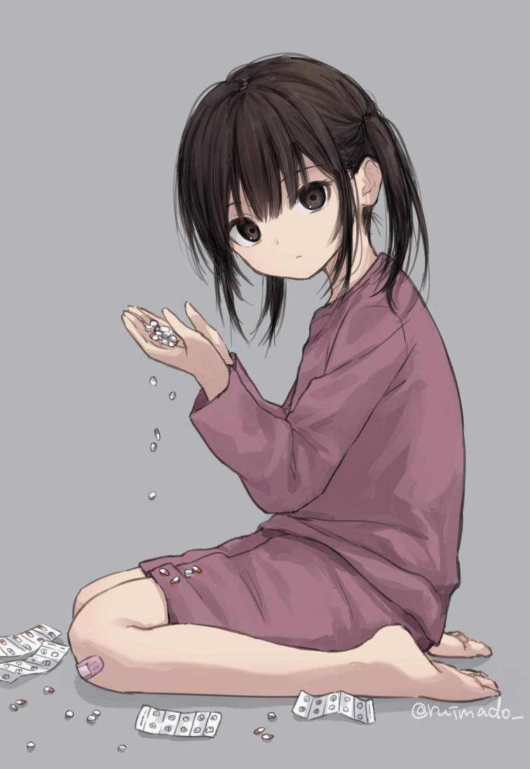 1girl bandaid bandaid_on_knee bandaid_on_leg barefoot brown_eyes brown_hair expressionless from_side holding holding_pill kneeling long_hair long_sleeves looking_at_viewer original pajamas ruimado shorts solo twintails