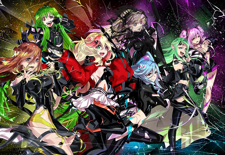 6+girls :p black_jacket blonde_hair blue_eyes blue_hair breasts brown_hair cleavage colored_sclera double_bun dress gloves green_eyes green_hair hair_behind_ear hair_between_eyes hair_bun hair_ornament heart heart_hair_ornament heterochromia horns jacket long_hair macross macross_delta macross_delta:_zettai_live!!!!!! macross_frontier multicolored_hair multiple_girls official_art open_mouth pointy_ears ponytail purple_eyes purple_hair red_hair red_sclera short_hair side_ponytail single_horn skirt smile streaked_hair thighhighs tongue tongue_out very_long_hair yami_freyja yami_kaname yami_makina yami_q_ray yami_ranka yami_reina yami_sheryl yamikumo