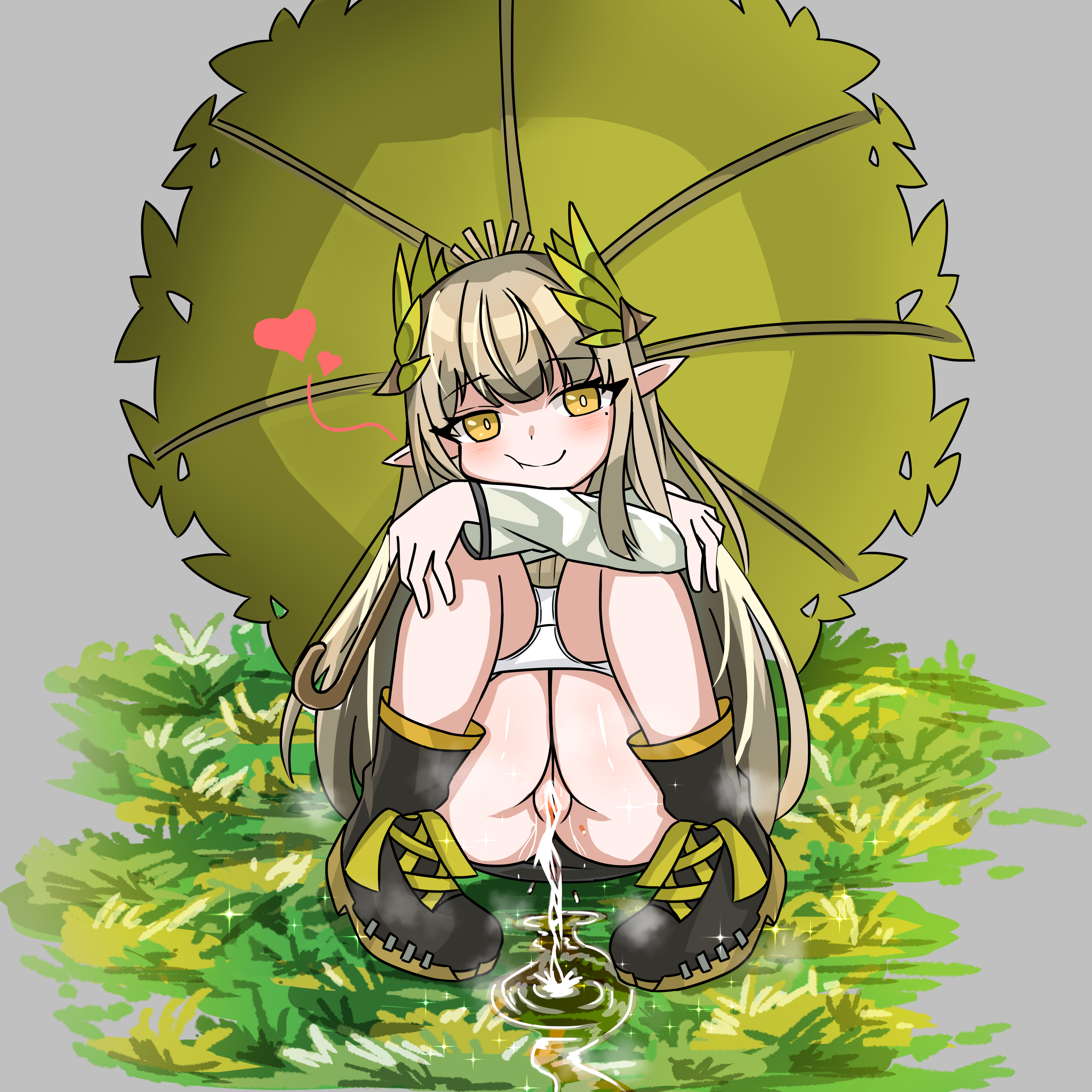 1girl absurdres arknights black_footwear black_skirt blush boots brown_hair coat crossed_arms fish_neko grass grey_background head_rest heart highres laurel_crown laurels long_hair long_sleeves looking_at_viewer mole mole_under_eye muelsyse_(arknights) panties panty_pull peeing pointy_ears puddle pussy skirt smile sparkle squatting steam umbrella uncensored underwear white_coat white_panties yellow_eyes