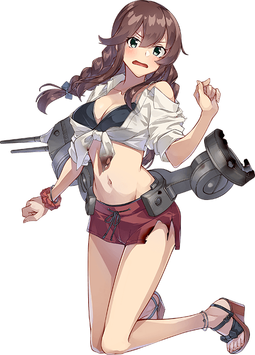 1girl ball bikini black_bikini braid breasts brown_hair collared_shirt commentary_request full_body green_eyes kantai_collection kneeling konishi_(koconatu) large_breasts long_hair looking_at_viewer machinery midriff navel noshiro_(kancolle) noshiro_(swimsuit)_(kancolle) official_art open_collar red_shorts sandals scrunchie ship_turret shirt shorts swept_bangs swimsuit third-party_source tied_shirt translation_request twin_braids white_shirt