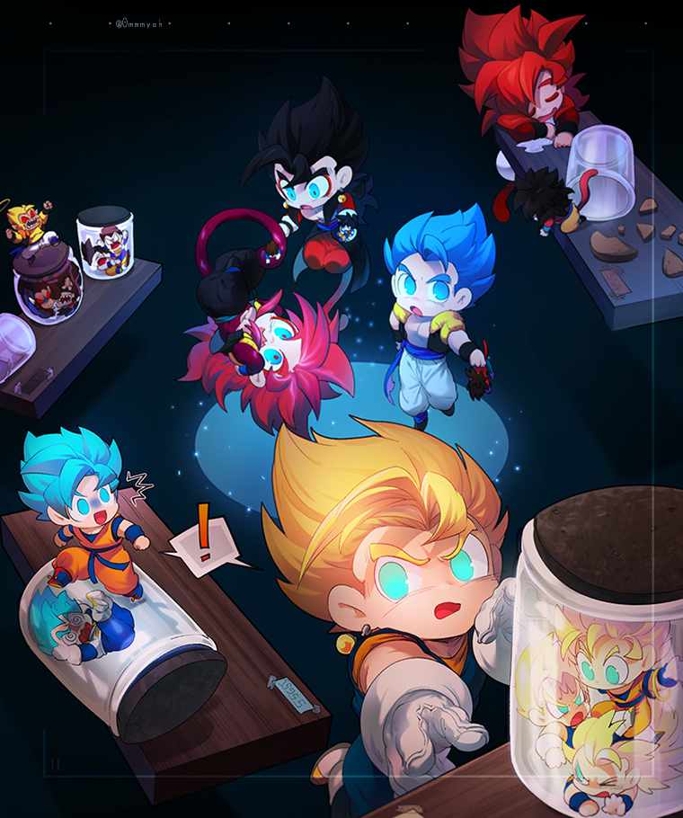 black_hair blue_eyes blue_sash body_fur chibi closed_mouth dougi dragon_ball dragon_ball_gt dragon_ball_heroes dragon_ball_super dragon_ball_super_broly dragonball_z earrings gloves gogeta gogeta_(xeno) golden_oozaru jewelry long_hair male_focus metamoran_vest monkey_boy monkey_tail multiple_boys multiple_persona muscular ommmyoh oozaru open_mouth pants potara_earrings red_fur saiyan sash son_goku son_goku_(xeno) speech_bubble spiked_hair super_full_power_saiyan_4_limit_breaker super_saiyan super_saiyan_1 super_saiyan_4 super_saiyan_blue tail time_patrol_(dragon_ball) vegeta vegeta_(xeno) vegetto vegetto_(xeno) white_gloves yellow_pants