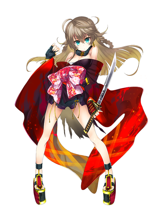 1girl ahoge alpha_transparency blue_eyes brown_hair female_focus fingerless_gloves full_body gloves hair_between_eyes honebami_toushirou_(tenka_hyakken) honebami_toushirou_(tenkahyakken) japanese_clothes kawakami_shuuichi kimono long_hair obi official_art pigeon-toed sandals sarashi sash short_sword solo sword tantou tenka_hyakken tenkahyakken transparent_background weapon wide_sleeves