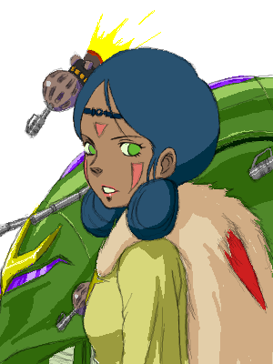 1girl artist_request dark-skinned_female dark_skin elmeth funnel_(tool) green_eyes gundam lalah_sune lowres mobile_suit_gundam mononoke_hime no_pupils tribal