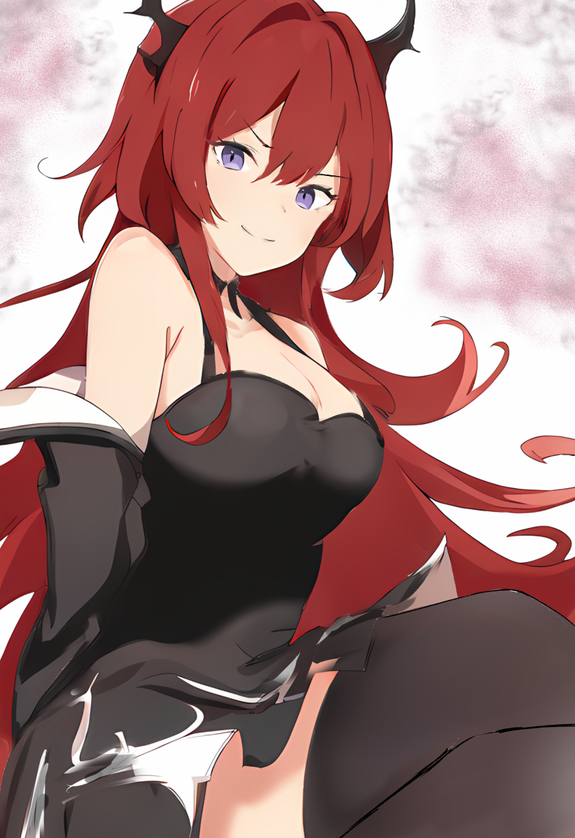 1girl arknights bare_shoulders black_dress black_horns black_thighhighs breasts cleavage closed_mouth commentary cowboy_shot dress hair_between_eyes hair_intakes halter_dress halterneck highres horns large_breasts long_hair looking_at_viewer off_shoulder purple_eyes raifu_(rf) red_hair sitting sketch smile solo split_mouth surtr_(arknights) thighhighs