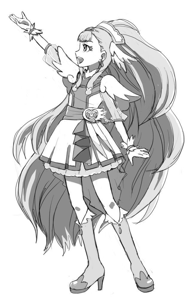 1girl cure_ange earrings eyelashes full_body gloves greyscale head_wings high_heels hugtto!_precure jewelry long_hair magical_girl monochrome naotan open_mouth pleated_skirt precure see-through_clothes see-through_sleeves sidelocks simple_background skirt very_long_hair white_background white_gloves wings yakushiji_saaya