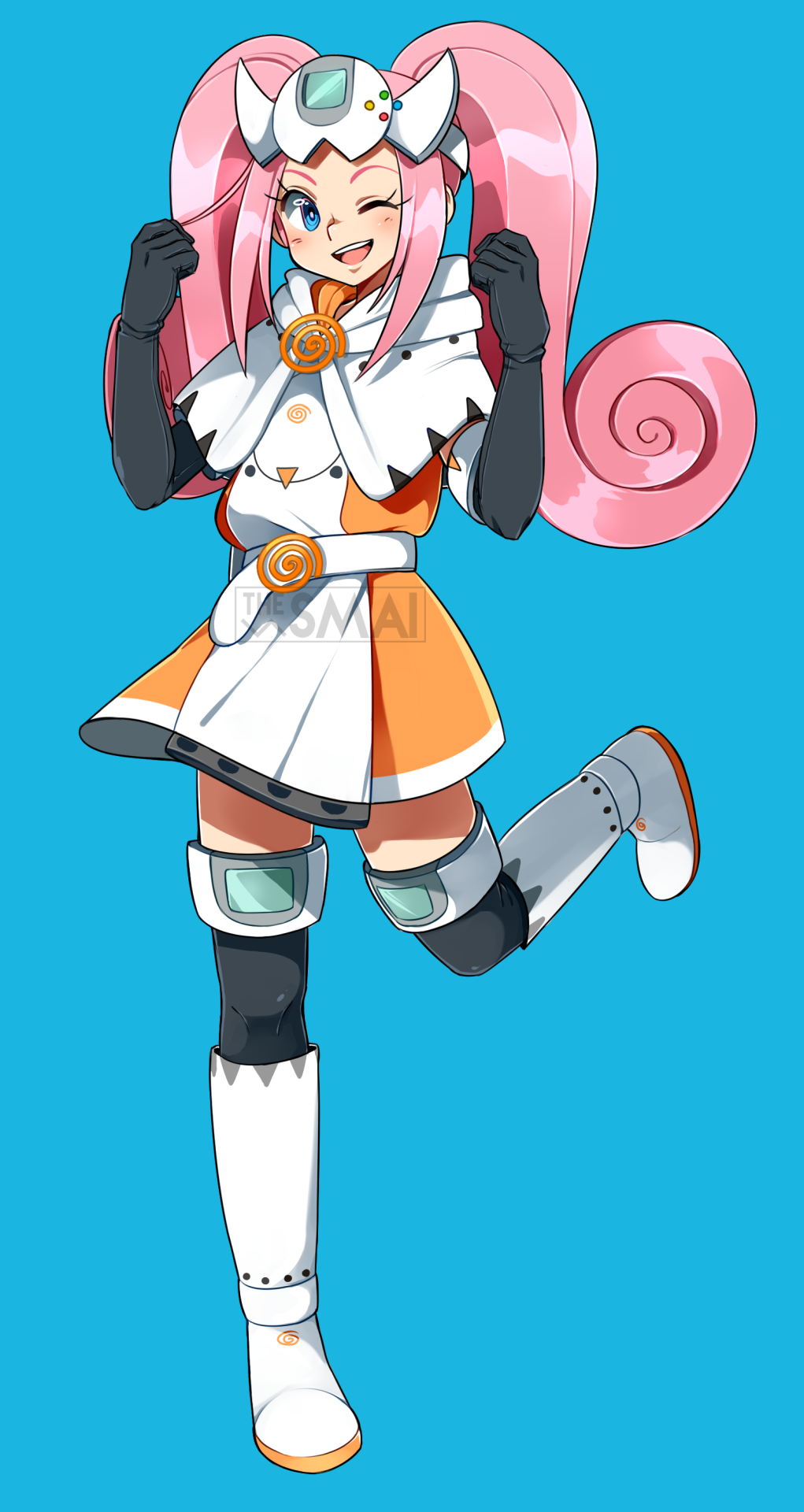 1girl ;) belt black_gloves black_thighhighs blue_background blue_eyes boots capelet commentary dress elbow_gloves female_focus flat_chest full_body game_console gloves highres knee_boots long_hair one_eye_closed personification pink_hair sami_briggs sega_dreamcast sega_dreamcast_(sega_hard_girls) sega_hard_girls smile solo thighhighs twintails