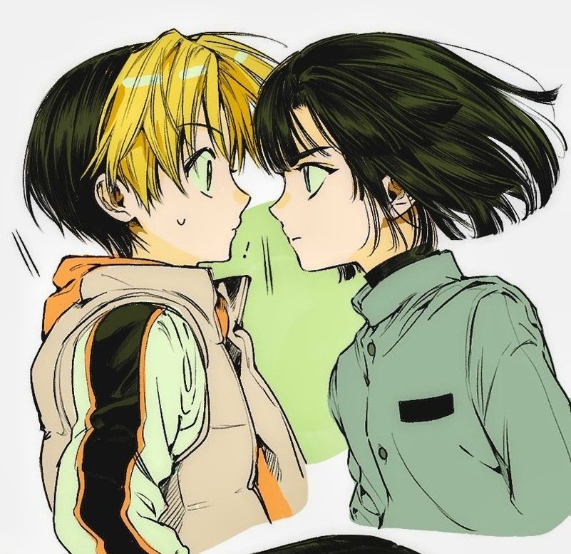! 2boys black_hair blonde_hair brown_vest eye_contact green_jacket hikaru_no_go hood hood_down jacket looking_at_another m_m_pb male_focus multicolored_hair multiple_boys orange_hood shindou_hikaru sweatdrop touya_akira two-tone_background upper_body vest