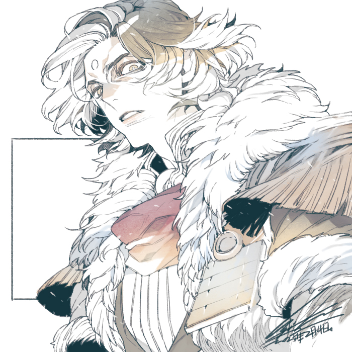 1boy coat dated emet-selch epaulettes facial_mark final_fantasy final_fantasy_xiv forehead_mark fur-trimmed_coat fur_trim furrowed_brow hiryuu_(kugelcruor) looking_at_viewer male_focus multicolored_hair parted_bangs parted_lips partially_shaded_face short_hair signature solo two-tone_hair upper_body white_background
